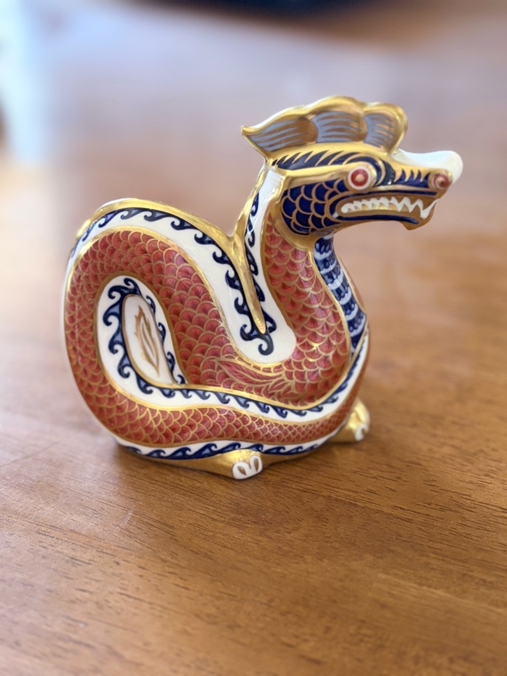 Vintage Imari Royal Crown Derby Bone China Dragon Paperweight with Silver Seal